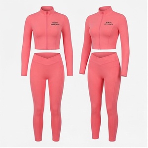 North Approach 2 Piece Yoga Set Full Length Zipper Front Solid Pink Sweat Wicking Gym Wear Women's Sportswear - Product Image 1