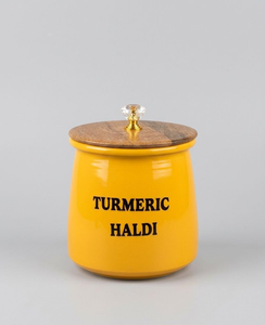 Premium Turmeric Airtight <b>Container</b> Iron Yellow Spice <b>Storage</b> Jar with Wooden Lid and Gold Spoon Decorative <b>Kitchen</b> Organizer - Product Image 1