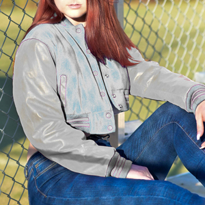 Womens Varsity Crop <b>Jacket</b> Grey <b>Silver</b> Letterman Style Bomber Coat Faux Leather Sleeves Casual Outerwear Ladies Fashion Street - Product Image 3