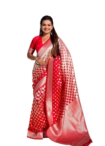 KV <b>Red</b> Banarasi Soft Silk Zari Woven 3D <b>Saree</b> With Unstitched Blouse - Product Image 2