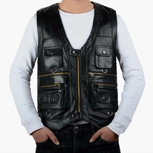Cowhide Genuine Leather Man Vest <b>Waistcoat</b> Male clothing Jacket Thick Motorcycle Multi Pocket leather biker Men safety vest - Product Image 4