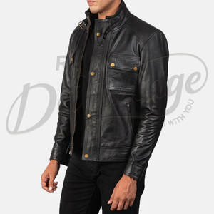 Veste de terrain en cuir noir pour homme, coupe ajustée, en véritable peau de mouton, manteau d'hiver multi-poches, col à boucle, vêtement d'extérieur décontracté et utilitaire - Product Image 5