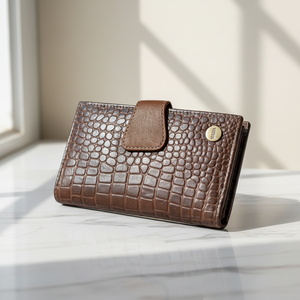 WRIZA RFID Croco Print Genuine Leather Women Wallet Clutch 3 Compartments 7 Card Slots Lightweight Elegant <b>Purse</b> - Product Image 1