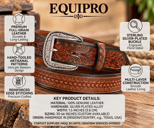 Ceinture en cuir véritable façonnée à la main Equipro Western avec boucle ardillon en alliage argenté, solide, durable, décontractée, pour homme, finition artisanale, écologique - Product Image 4