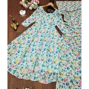 VESTIDO DE TRABAJO CON ESTAMPADO DE GEORGETTE DE DISEÑADOR Y BORDE DE ENCAJE CON DUPATTA SKY - Product Image 5