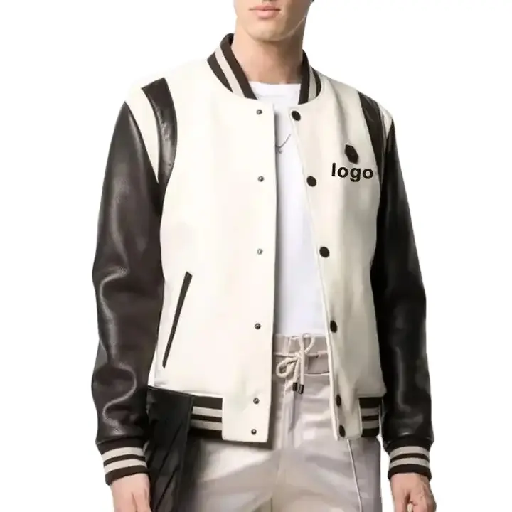 Vente en gros de boutons sur le devant blouson de baseball universitaire à manches longues pour hommes avec logo personnalisé en cuir Letterman Design