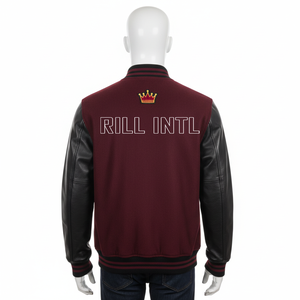 Rill Intl Herren College-Jacke Kastanienbraun mit Schwarzen Lederärmeln und Bestickter Krone auf der Rückseite Lässige Herbstkleidung - Product Image 1
