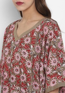 Kaftan imprimé bloc main robe en coton à fleurs rouge rose pour les week-ends confortables soirées pyjama longueur au sol tenue de relaxation parfaite - Product Image 5