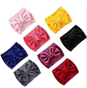 Serre-têtes élastiques en nylon avec grand nœud en velours pour enfants, bandeau doux et élastique en tissu gaufré, couleur unie - Product Image 4