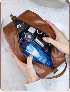 Bolsa de Maquillaje de Cuero Impermeable de Gran Capacidad con Cierre de Cremallera, Portátil, para Hombre, Organizador de Artículos de Aseo, Color Marrón, Estilo Dopp Kit - Product Image 3