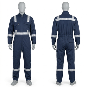 Combinaison de travail pour homme, 245 GSM, en sergé de coton poly, bleu marine, avec panneaux réfléchissants, broderie personnalisée, logo tissé, uniforme - Product Image 1
