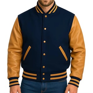 Veste universitaire bleu marine pour homme avec manches en PU beige, col rabattu, fermeture éclair, style preppy, vêtement d'automne, coupe classique - Product Image 3