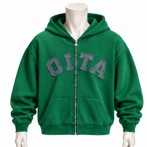 Dark Green Men's <b>Full</b> <b>Zip</b> <b>Hoodie</b> Heavyweight 380g Fleece Chenille Letter Applique Regular Fit Winter Streetwear Front Pockets - Product Image 1