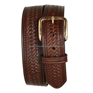 Custom Designer Embossed Tan Brown Western Hand <b>Tooling</b> Belt Brass Buckle Basket Embossed Western <b>Leather</b> <b>Tooling</b> Belt for Jeans - Product Image 2