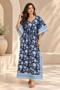 Robe Kaftan Fleurie Bleu Marine pour Femme, Col en V, Style Bohème, Longue, pour Plage et Vacances, Coupe Ample, 100% Coton Respirant, Vêtements en Gros - Product Image 2