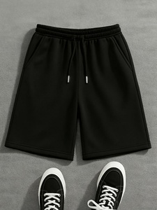 Shorts Bermuda Homme Noir Uni Taille Élastique Cordon de Serrage Décontracté Tricoté en Polyester Respirant Taille Mi-Haute - Product Image 1