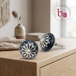 Ba Black Ceramic Round Cabinet <b>Knobs</b> With <b>Silver</b> Filigree Flower Design Traditional Furniture Handle For Home Office - Product Image 1