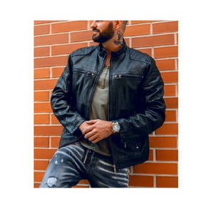 แจ็คเก็ตนักขี่จักรยานหนังแท้สำหรับผู้ชายมีปกตั้งสำหรับสวมใส่ในฤดูหนาว - Product Image 1