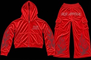 ชุดวอร์มผ้าฝ้าย 100% สีน้ำเงินกำมะหยี่ พร้อมฮู้ดและเชือกผูก กางเกงขายาว ดีไซน์ลายเปลวไฟประดับเพชรด้านหน้า เหมาะสำหรับทุกเพศ สวมใส่สบายในฤดูหนาว - Product Image 4