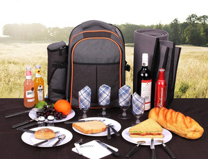 Gray 4 Person Insulated Picnic Backpack Cooler Bag Polyester Outdoor <b>Lunch</b> Rug and Utensil <b>Set</b> - Product Image 2
