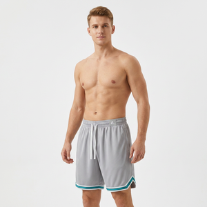 Shorts gris unis pour hommes avec bordure turquoise, taille à cordon de serrage, séchage rapide, vêtements de sport décontractés - Product Image 3