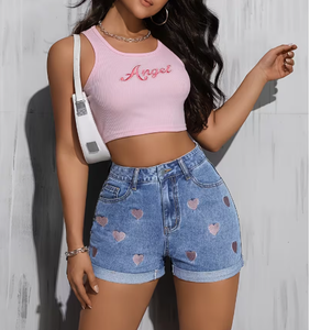 Shorts de Mezclilla de Cintura Alta para Mujer, Marca TRIBON SPORTS, Ajustados, de Secado Rápido, con Bordado de Estrellas, Lavado a la Piedra, Casuales, de Verano, Alta Calidad - Product Image 2