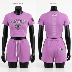 Conjunto de Top Corto y Pantalones Cortos para Mujer, Mezcla de Algodón y Poliéster GSM Premium, Estampado Gráfico, Logotipo Personalizado con Serigrafía, Camiseta y Pantalones Cortos 100% Algodón - Product Image 3
