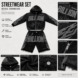 Ensemble Sur-Mesure Sweat à Capuche Délavé et Short, Tenue de Sport Streetwear Coupe Courte Dégraissée, Survêtement à Strass Effet Vieilli avec Sweat à Capuche Zippé et Pantalon de Survêtement - Product Image 2