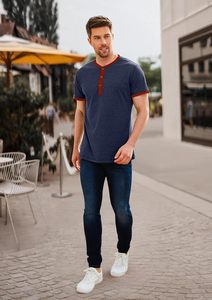 เสื้อยืดคอกลมแขนสั้นผ้าผสมสแปนเด็กซ์/คอตตอนสำหรับผู้ชาย แบบลำลอง สีพื้น ดีไซน์เรียบง่าย แห้งเร็ว ระบายอากาศได้ดี เป็นมิตรกับสิ่งแวดล้อม - Product Image 4