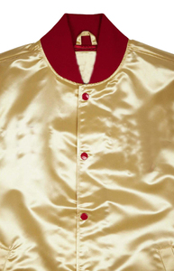 Veste universitaire en satin doré pour homme avec bordure rouge, boutons sur le devant, style décontracté, veste bomber de style universitaire, vêtement d'automne - Product Image 4