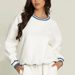 Sweat-shirt en molleton surdimensionné à col ras du cou pour femme, 100 % coton, avec poignets rayés, en tissu éponge, personnalisable, collection automne, vente en gros - Product Image 5