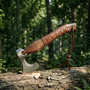 Hache artisanale haut de gamme en acier au carbone de Pasha Enterprises, manche en bois, étui en cuir, couteaux de survie en plein air, motif viking - Product Image 5