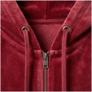 Unisex Red <b>Velour</b> <b>Tracksuit</b> Set Full Sleeve Hooded Zipper Front Solid Color Casual Winter Wear Regular Fit Adults - Product Image 4