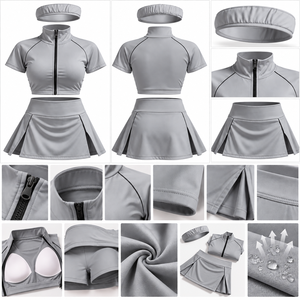 Ensemble de sport 3 pièces personnalisé pour femme, couleur unie, respirant, en Spandex/Polyester, avec veste courte zippée et pantalon taille haute pour le tennis - Product Image 2