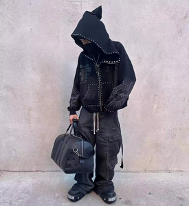 Sweat à capuche zippé respirant et pantalon de survêtement évasé pour homme, style streetwear Shadow Wash, personnalisable, avec broderie et patchwork imprimés effet vieilli - Product Image 4