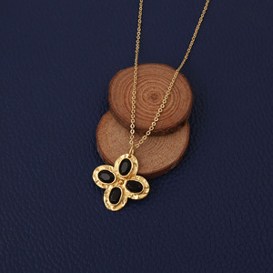 18K Gold Plated Brass Black Onyx Gemstone Bohemian Floral Threader Adjustable Chain <b>Statement</b> <b>Necklace</b> for Gift Occasion - Product Image 3