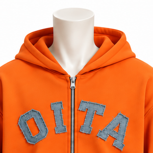 <b>Orange</b> <b>Mens</b> Zip Front <b>Hoodie</b> Chenille Letter Applique Heavyweight Fleece Oversized Casual Streetwear Sweatshirt with Kangaroo - Product Image 3