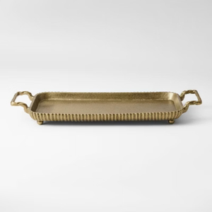 Rectangular Hammered Aluminum <b>Serving</b> <b>Tray</b> With <b>Gold</b> Floral Leaf Handles Elegant Decorative Metal Food Platter For Wedding Hotel - Product Image 3