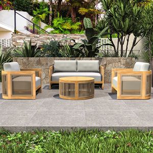 Set di Mobili da Patio in Legno di Acacia a 4 Pezzi con Cuscini Beige e Tavolino Finitura Teak per Uso Esterno - Product Image 2
