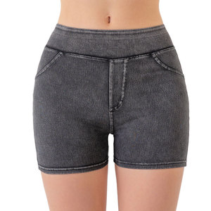 Shorts en jean taille haute pour femme, couleur unie, taille élastique, style décontracté avec poches, respirant, coupe régulière, délavé - Product Image 4