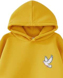 ชุดเซ็ตฮู้ดดี้และกางเกงจ็อกเกอร์สีเหลืองแบบกำหนดเองสำหรับผู้หญิง พร้อมลายพิมพ์รูปนกพิราบ เสื้อสเวตเชิ้ตโอเวอร์ไซส์ กางเกงเอวยางยืด ชุดลำลอง - Product Image 3