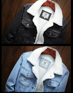 Men's Light Blue Denim <b>Jacket</b> with Faux <b>Fur</b> Lining Turn-down Collar Single Breasted Casual Autumn Fleece <b>Lined</b> Gradient Pattern - Product Image 6