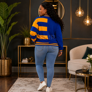 HMR Sororité Sororité Acrylique Nouveau Personnalisé Dames Bleu Jaune Rayé Pull Tricot Tops Mode Classique Col V Manches Longues - Product Image 4