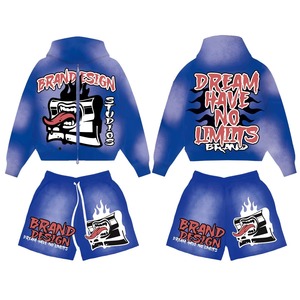 Custom Logo Acid Wash <b>Zip</b> Up <b>Jacket</b> Shorts Set Vintage 2 Piece Tracksuit <b>Men's</b> Streetwear OEM ODM Wholesale - Product Image 4