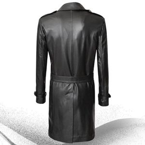 <b>Men</b> Genuine Leather <b>Long</b> Trench <b>Coat</b> Notched Lapel Single Breasted With Belt Knee Length Slim Fit - Product Image 6