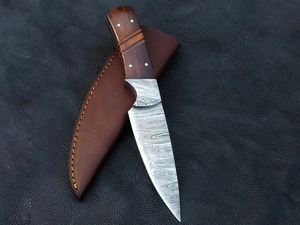 Handmade Hunting Knife with Damascus Steel Blade Straight Edge Wood Handle <b>Leather</b> Sheath - Product Image 5