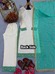 Elegant White Silk Salwar Kameez With Blue Dupatta Embroidered Ankle-Length Women's <b>Wedding</b> Wear India Pakistan Regular Fit - Product Image 1