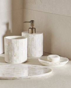 Blue <b>White</b> Striped <b>Bathroom</b> <b>Set</b> Resin & Bone Four Piece Natural Shell Tray Soap Dispenser Tissue Box Toothbrush Holder <b>Set</b> - Product Image 4