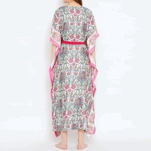 Women Floral Print Chiffon <b>Kaftan</b> Dress V-Neck Cap Sleeve Floor-Length Modest Evening Gown With Pink Ribbon Trim - Product Image 5