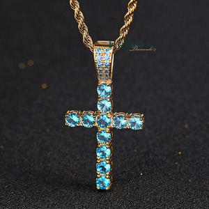 <b>Cross</b> Pendant 925 Silver 18K Gold Plated Moissanite Blue Round Cut Religious Christian Unisex Hip Hop Jewelry - Product Image 1